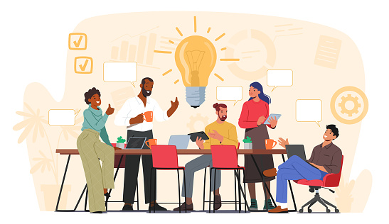 Brainstorming Team Concept. Business People Discussing Idea on Board Meeting in Office. Teamwork Project Development Process. Employees Work on Laptops and Communicate. Cartoon Vector Illustration