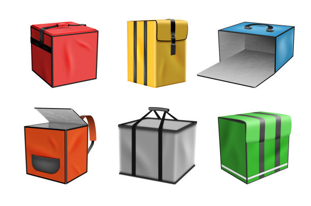 istock Realistic closed open delivery backpack bag for grocery courier service. Shipping commercial food 1443115168