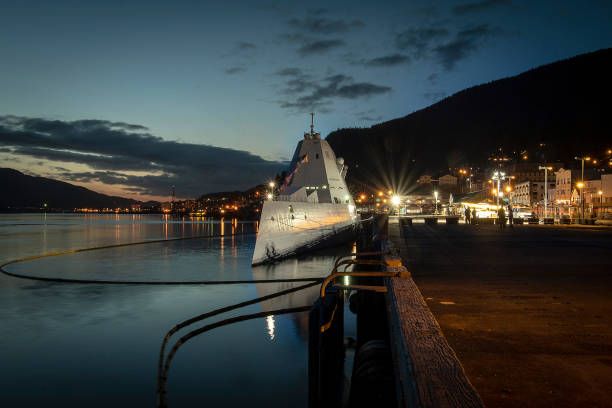 The U.S. Navy guided missile destroyer USS Zumwalt is moored at Berth 2 on Saturday, March 23, 2019 in Ketchikan, Alaska.