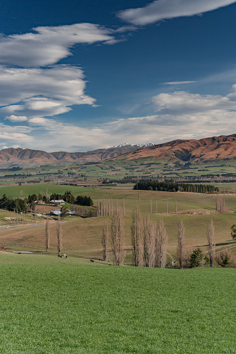 Magnificent view of mountain range from Geraldine Fairlie Lookout point on Highway 79, Canterbury, New Zealand South Island.