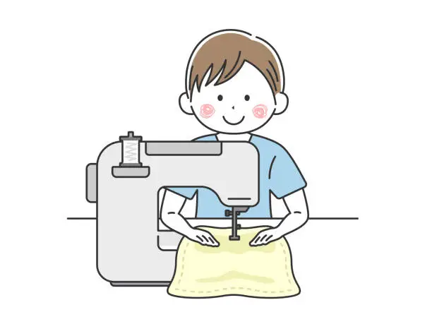 Vector illustration of Illustration of a man using an electric sewing machine.