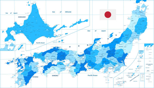Detailed Political Map of Japan. Cities and towns. Blue color Detailed Political Map of Japan. Cities and towns. Blue color. Vector illustration. kanto region stock illustrations