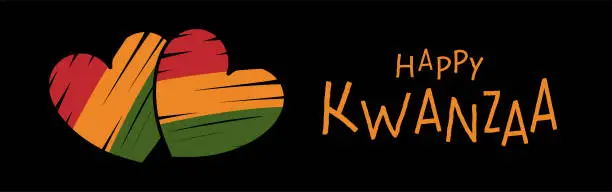 Vector illustration of Happy Kwanzaa long horizontal banner with Heart symbol with hand drawn stroke, 3 stripes colors of African flag, simpe text logo. African heritage celebration vector template design