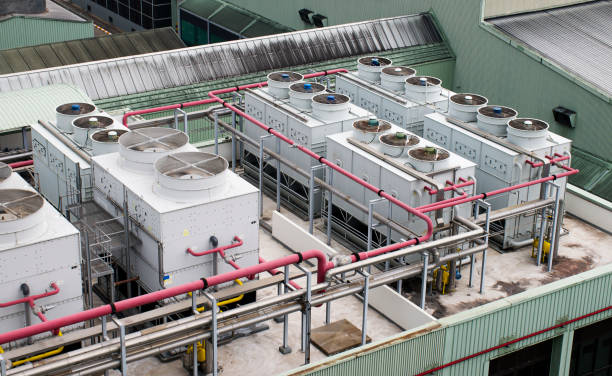 istock Cooling water tower on rooftop industry plant 1443136900