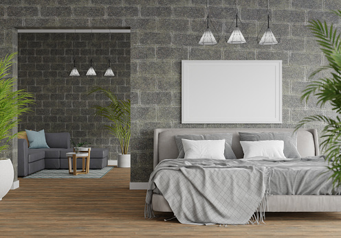 3D illustration Mock up poster frame in bedroom interior, Decorated with beautiful and comfortable furniture, Rendering