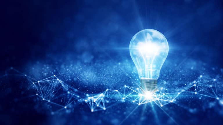 business idea creative concept technology. A light bulb illuminated above a polygon on a dark blue background.