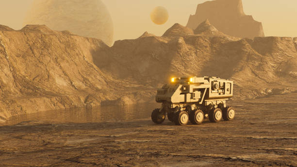 istock rover automaton vehicle on alien planet surface exploration mission. Science fiction scene 1443138430
