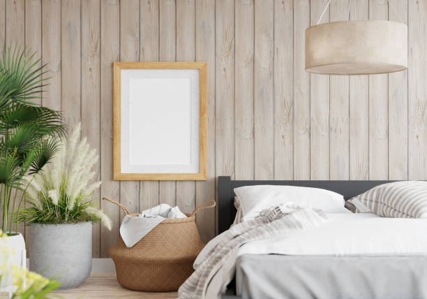 istock 3D Modern interior of bedroom with mockup photo frame 1443138589