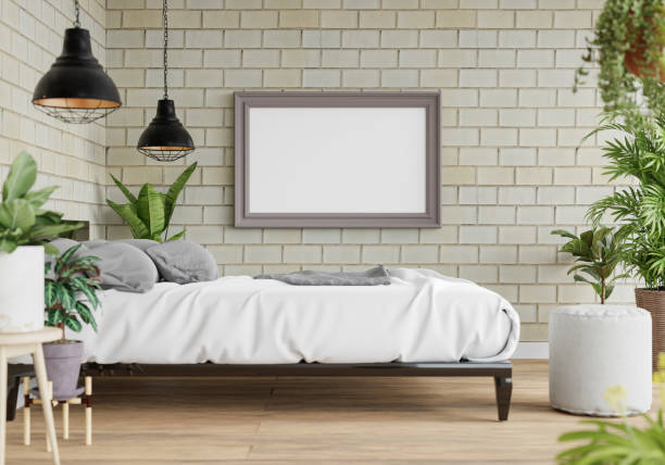 istock 3D Modern interior of bedroom with mockup photo frame 1443140527