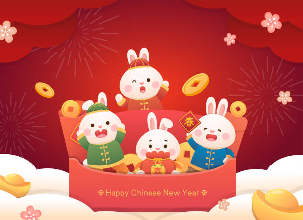 Poster for Chinese New Year, cute rabbit character or mascot, red paper bag with a lot of money, Chinese translation: Spring Poster for Chinese New Year, cute rabbit character or mascot, red paper bag with a lot of money, Chinese translation: Spring cultured cell stock illustrations