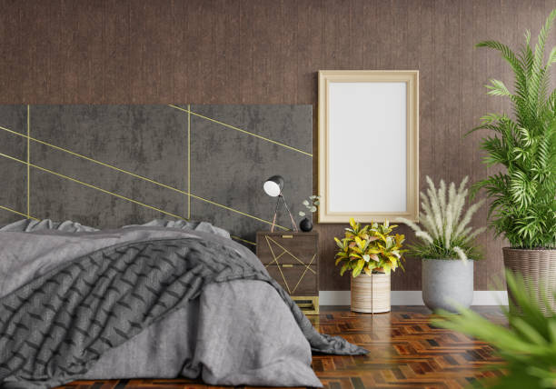 istock 3D Modern interior of bedroom with mockup photo frame 1443143767