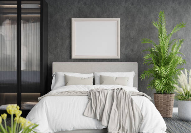 istock 3D Modern interior of bedroom with mockup photo frame 1443147232