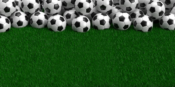 Qatar 2022 FIFA World Cup concept: Many white and black leather designed soccer balls on grass background. World countries football championship. 3D render illustration with copy space. Football sport layout template design.