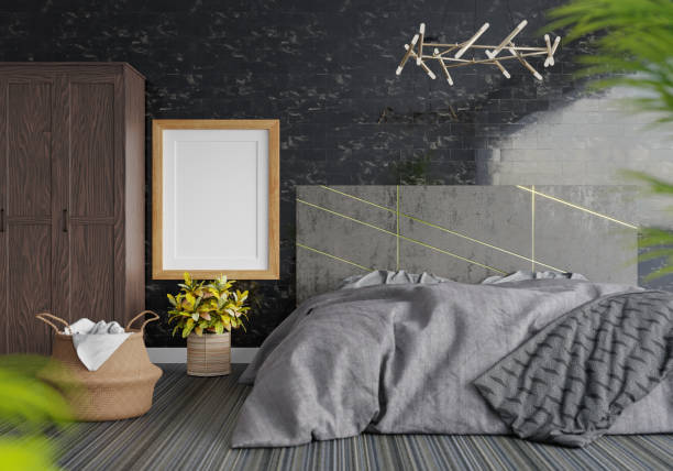 istock 3D Modern interior of bedroom with mockup photo frame 1443149415