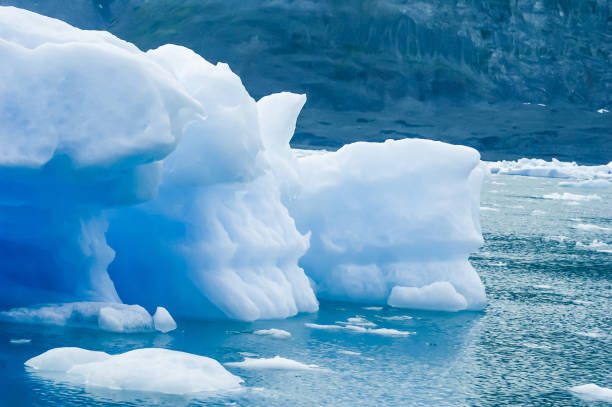 Ice bergs float in the waters of Prince William Sound.  These bergs came from the Columbia Glacier, located near Valdez, Alaska. The ice formations create unique designs.