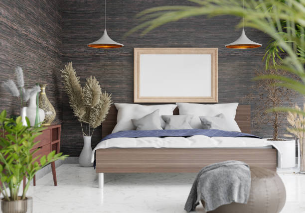 istock 3D Modern interior of bedroom with mockup photo frame 1443153843