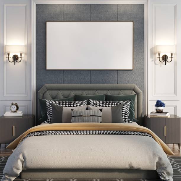 istock 3D Modern interior of bedroom with mockup photo frame 1443154082