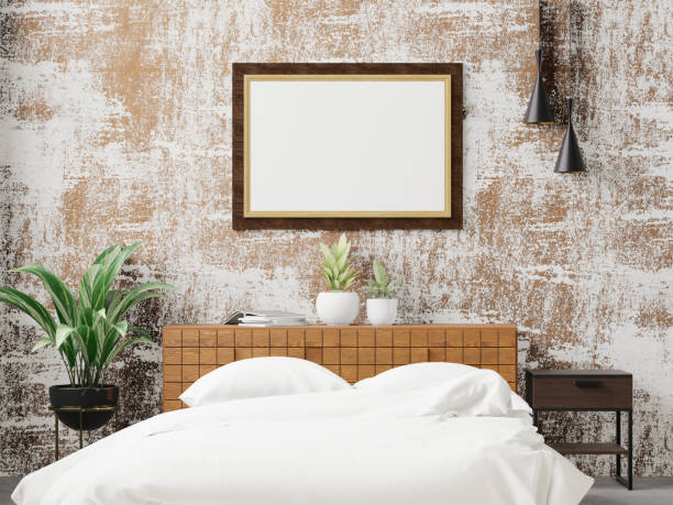 istock 3D Modern interior of bedroom with mockup photo frame 1443154202