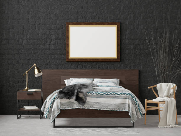istock 3D Modern interior of bedroom with mockup photo frame 1443154934
