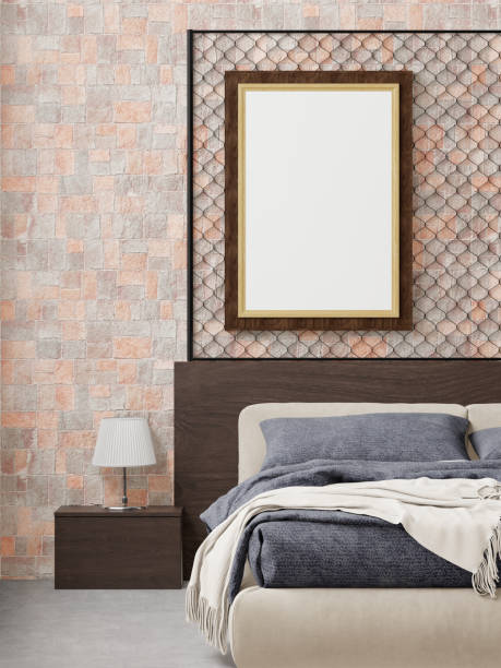 istock 3D Modern interior of bedroom with mockup photo frame 1443155004