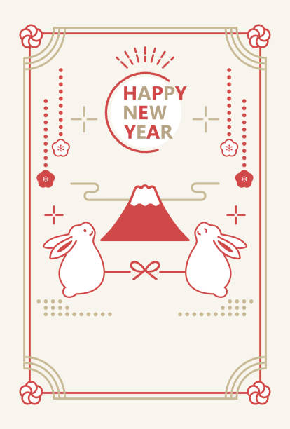 ilustraciones, imágenes clip art, dibujos animados e iconos de stock de diseño de tarjeta de año nuevo de conejo y monte fuji - lagomorfos