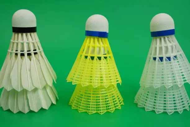 Photo of Image showing plastic shuttlecocks and training shuttles stacked on a green background.