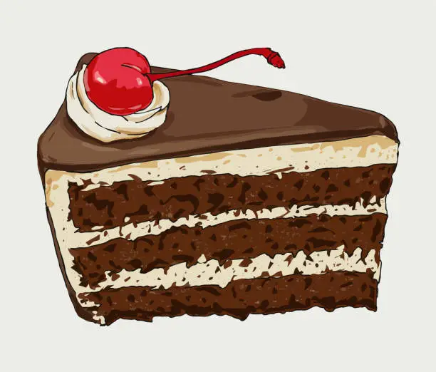 Vector illustration of illustration of slice of chocolate cake with red cherry