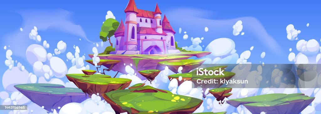 Pink magic castle on floating island in blue sky Pink magic castle on floating island in blue sky with fluffy clouds. Fantasy summer landscape with royal palace and flying ground pieces with green grass in heaven, Cartoon vector illustration Flying stock vector Pink magic castle on floating island in blue sky Pink magic castle on floating island in blue sky with fluffy clouds. Fantasy summer landscape with royal palace and flying ground pieces with green grass in heaven, Cartoon vector illustration Flying stock vector