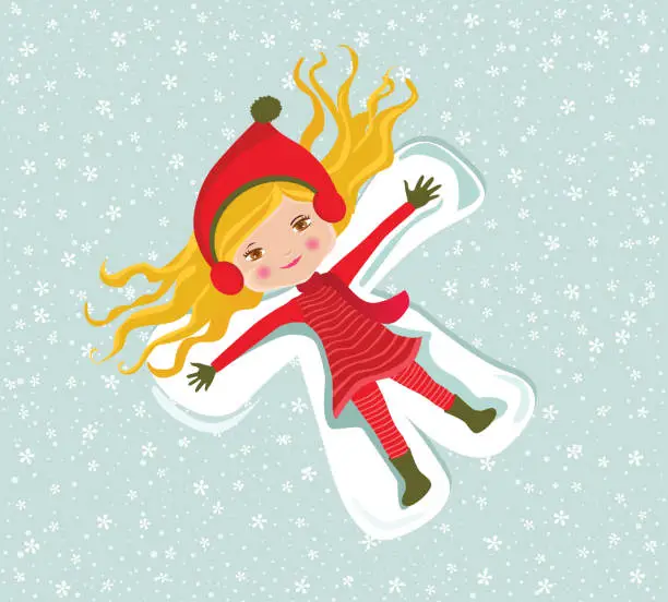 Vector illustration of Beautiful girl making a snow angel.