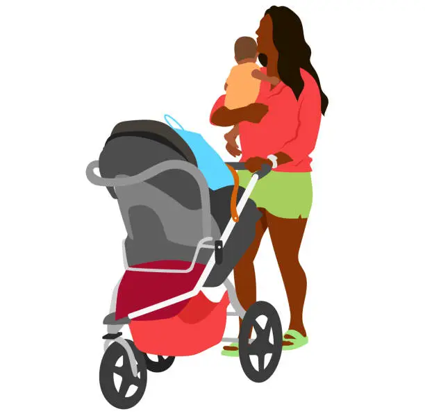 Vector illustration of Mom And Baby With Stroller