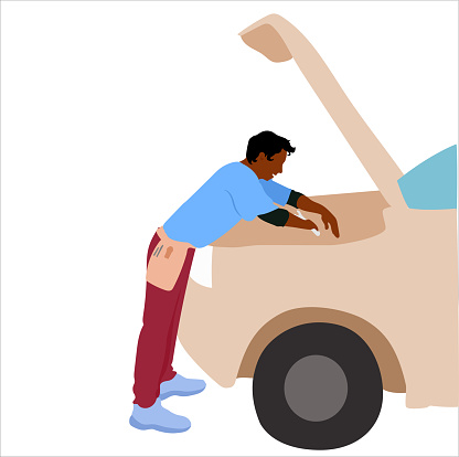 Mechanic working on a car with the hood open.  Flat design illustration