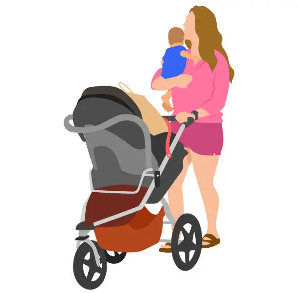 Vector illustration of Mom And Baby With Stroller Pink