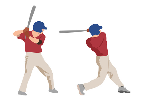 Baseball batter waiting and then swinging at the baseball. Flat design illustrationl
