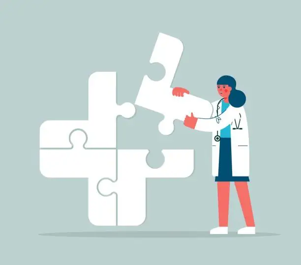 Vector illustration of putting puzzle pieces - female doctor