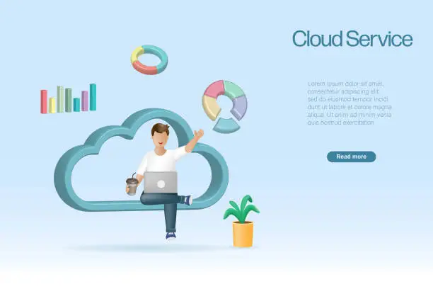 Vector illustration of Man working on cloud computing, digital data storage network service. People working lifestyle with internet service wireless technology. 3D realistic vector.