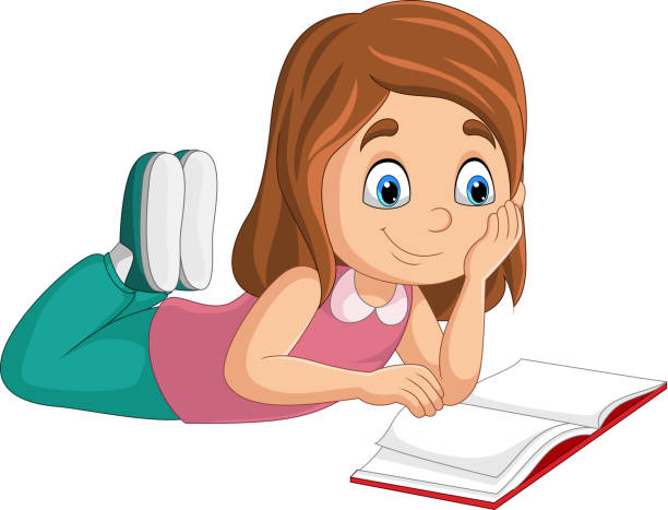 счастливая маленькая девочка, лежащая и читающая книгу - book paper sheet school children stock illustrations