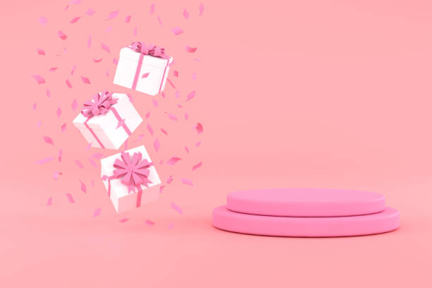 istock Christmas style Product podium scene with flying falling gift box with ribbon. 1443166576