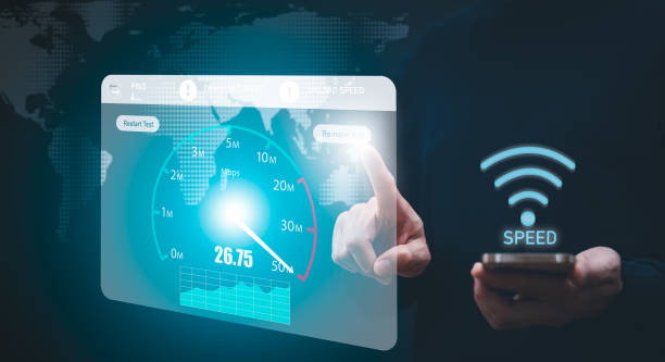 istock Fast internet connection with Metaverse technology concept, Hand holding smartphone and Virtual screen of Internet speed measurement,Internet and technology concept, 5G Hi speed internet concept 1443166879