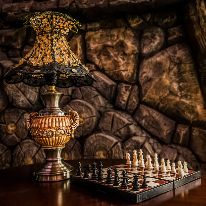 Beautiful decorative table lamp and chess board.