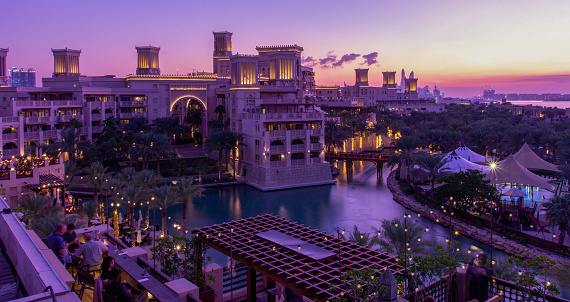 Dubai, United Arab Emirates – August 14, 2021: The Souk Madinat Jumeirah in Dubai in blue hour