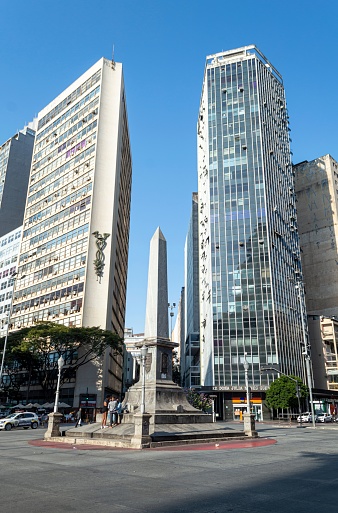 Belo Horizonte, Brazil – July 31, 2022: It has an obelisk in its center. Square Sete de Setembro is the busiest square in the city of Belo Horizonte, ground zero of its hypercenter.