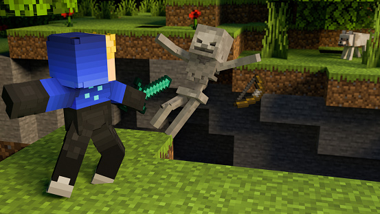 Landsberg am Lech, Germany – July 02, 2020: A Minecraft person attacking a skeleton that is falling in a ravine