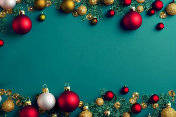 istock Dark green background surrounded by Christmas toys and pine branches 1443172529