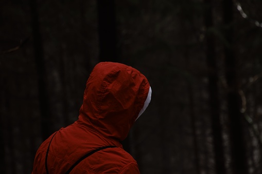 The portrait from behind of a man wearing a red jacket in a dark forest