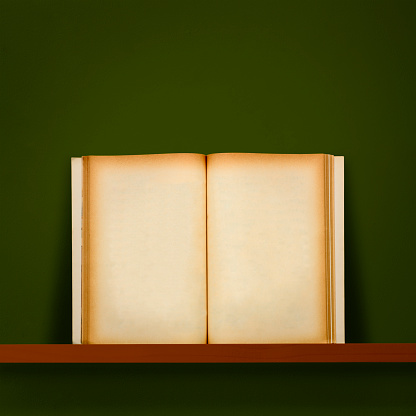 Blank old book on a wooden shelf against dark green wall  with copy space.