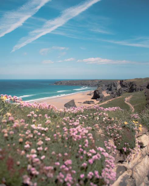 istock Beautiful view of a coastline with rocks in Cornwall under the blue sky 1443176673