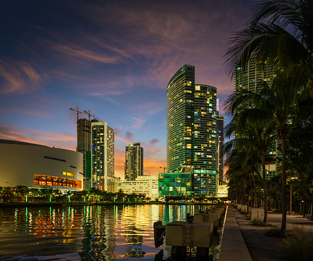 Miami downtown Biscayne Bay tall buildings at blue hour