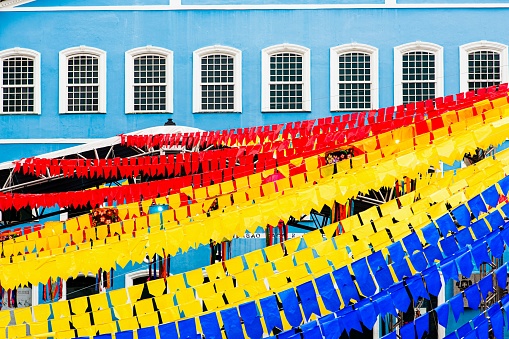 Salvador, Bahia, Brazil - June 20, 2019: Colorful flags decorating the feast of Sao Joao in Pelourinho, Historic Center of Salvador, Bahia.