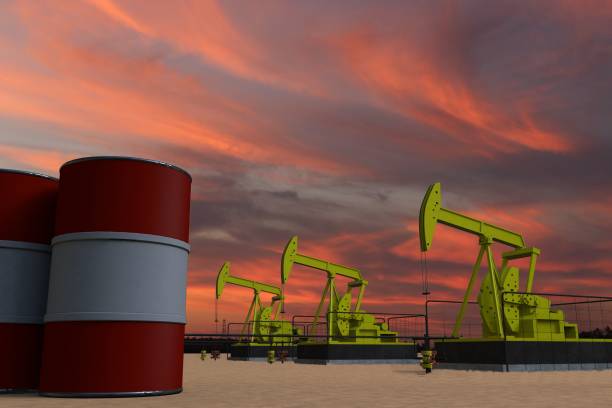 istock Nice pumpjack oil extraction and cloudy sky in sunset with the AUSTRIA flag 3D rendering 1443181232
