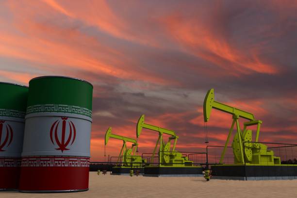 istock Nice pumpjack oil extraction and cloudy sky in sunset with the IRAN flag 3D rendering 1443181831